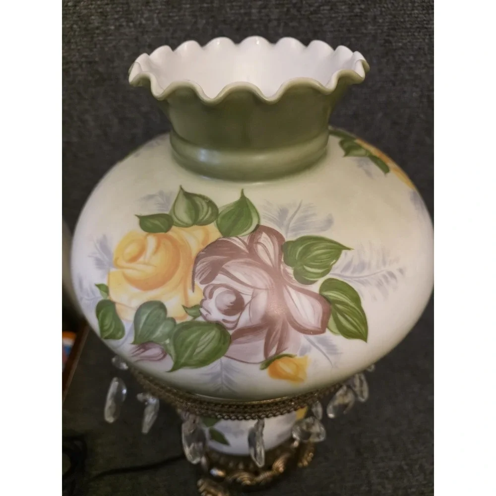 Antique Rose on Green Hurricane Lamp 10